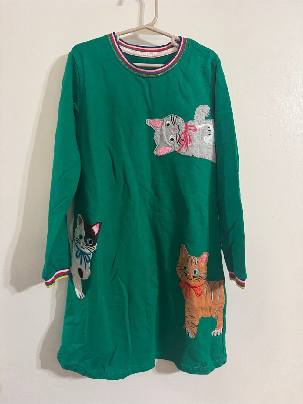 Girls' Green Cat Appliqué Casual Dress